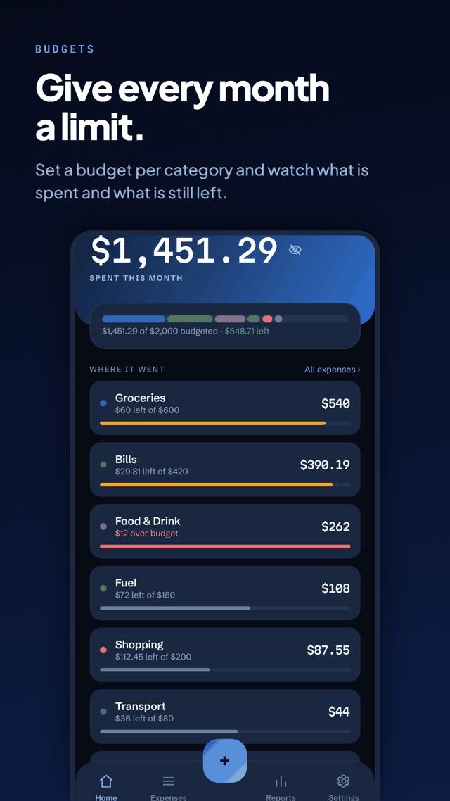 Category rows with coloured progress bars: Groceries $540 of $600, Bills $390.19 of $420, and Food and Drink $262 shown over its budget in red.