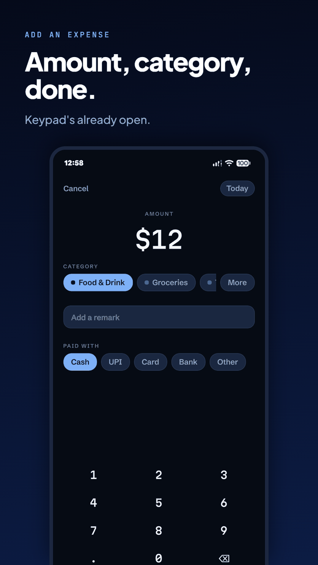 The add-expense screen with $12 entered, a row of category chips with Food and Drink selected, payment method buttons, and a number pad already open.