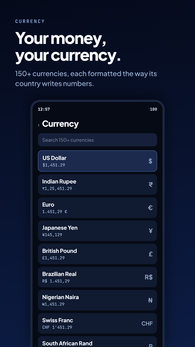 The currency picker listing US Dollar, Indian Rupee, Euro, Japanese Yen, British Pound, Brazilian Real, Nigerian Naira and Swiss Franc, each with its own symbol.